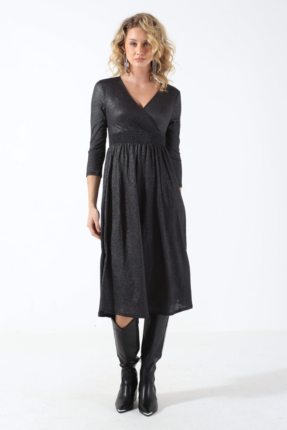 New Pella L/S Foil Wrap Dress in Dark Grey and Silver
