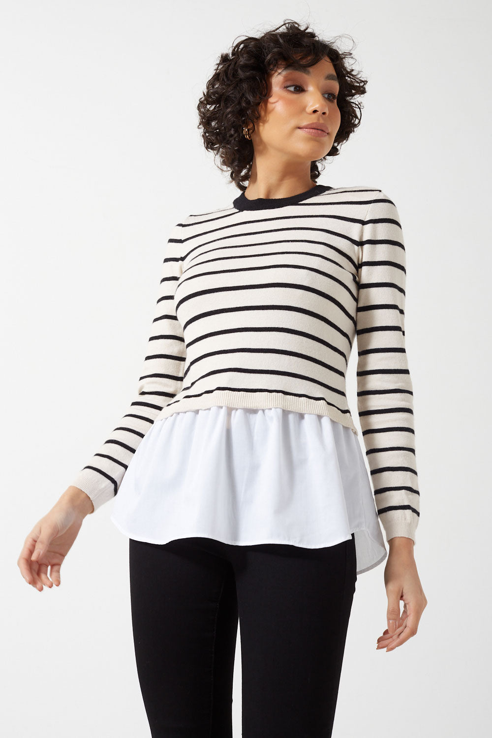 Angie Life LS Shirt Detail Striped O-Neck Jumper in White
