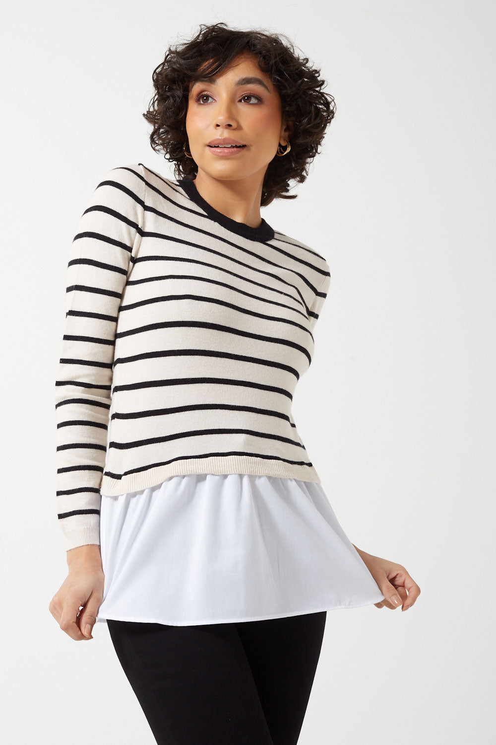 Angie Life LS Shirt Detail Striped O-Neck Jumper in White