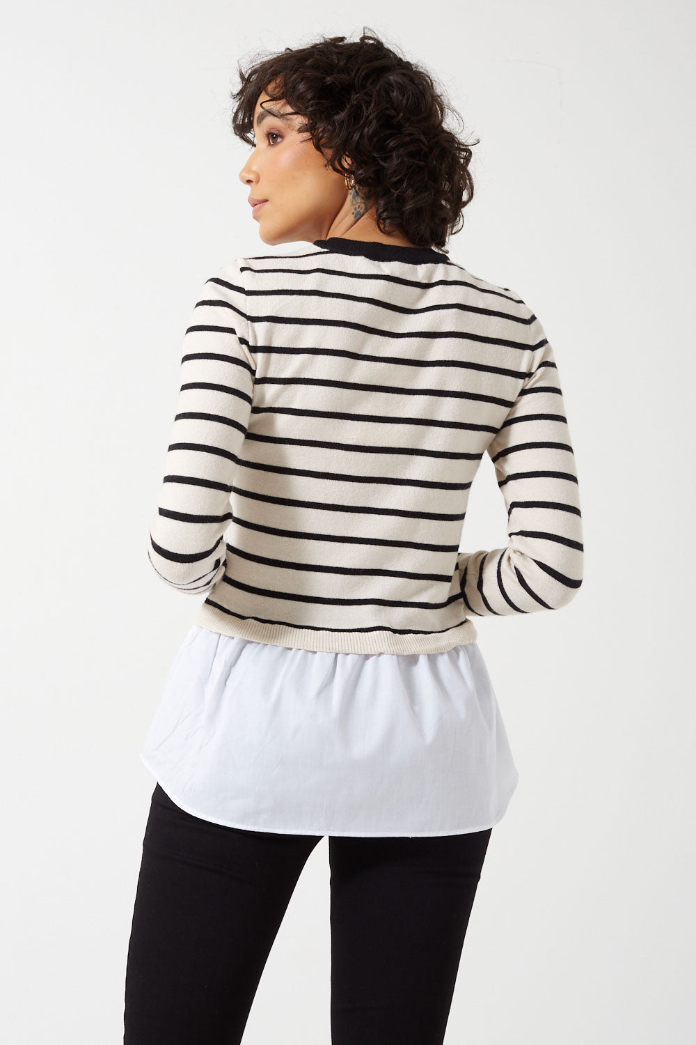 Angie Life LS Shirt Detail Striped O-Neck Jumper in White