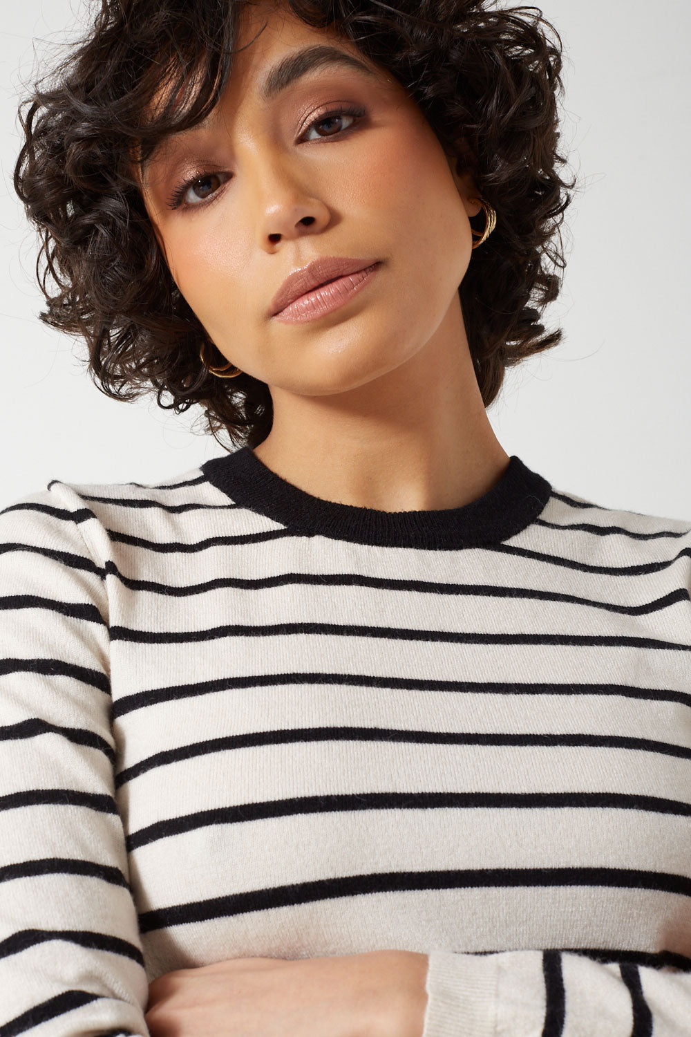 Angie Life LS Shirt Detail Striped O-Neck Jumper in White