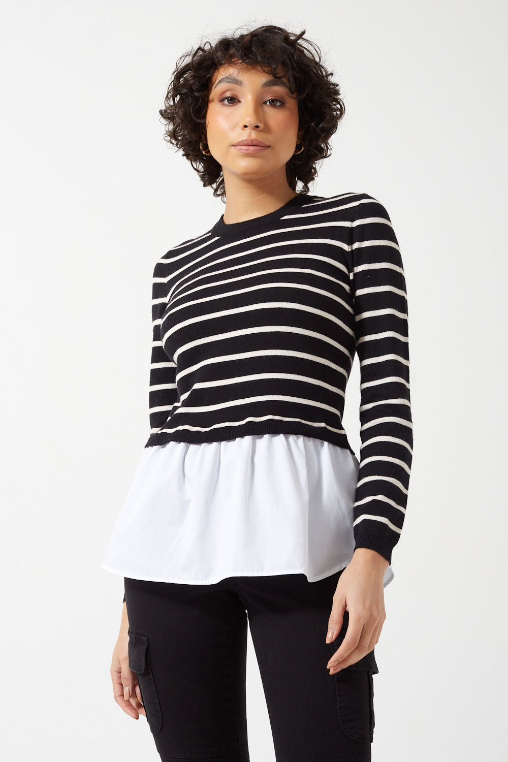 Angie Life LS Shirt Detail Striped O-Neck Jumper in Black