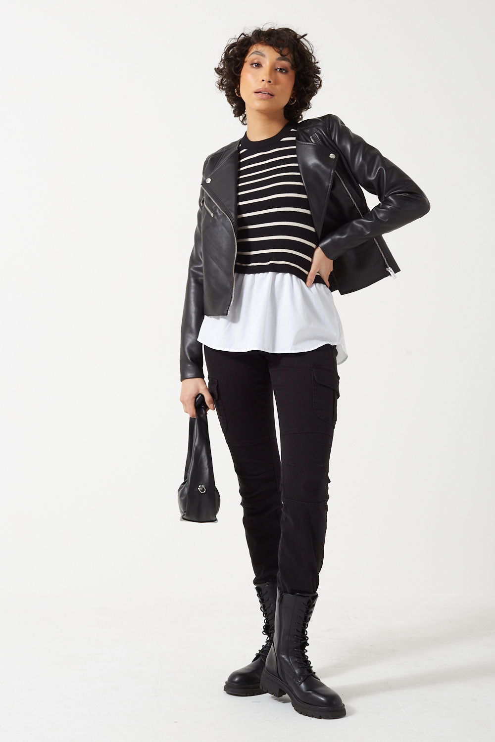 Angie Life LS Shirt Detail Striped O-Neck Jumper in Black