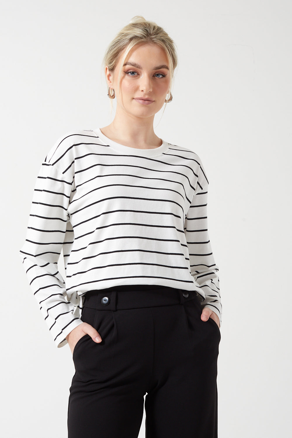 Laura Long Sleeve Boxy Stripe Top in White