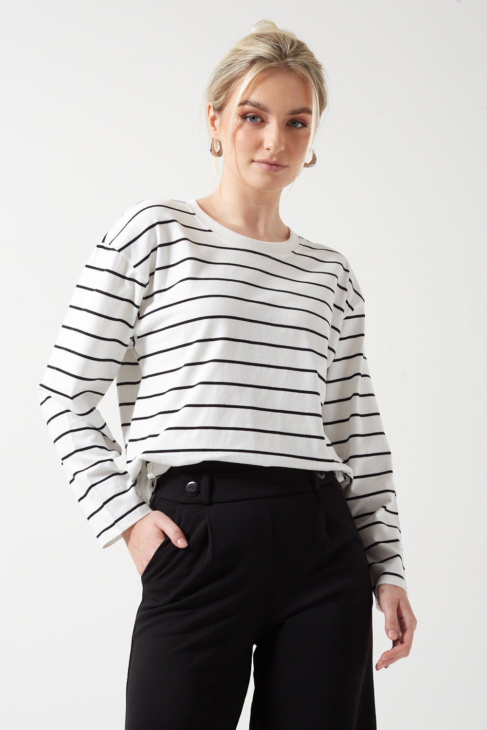 Laura Long Sleeve Boxy Stripe Top in White
