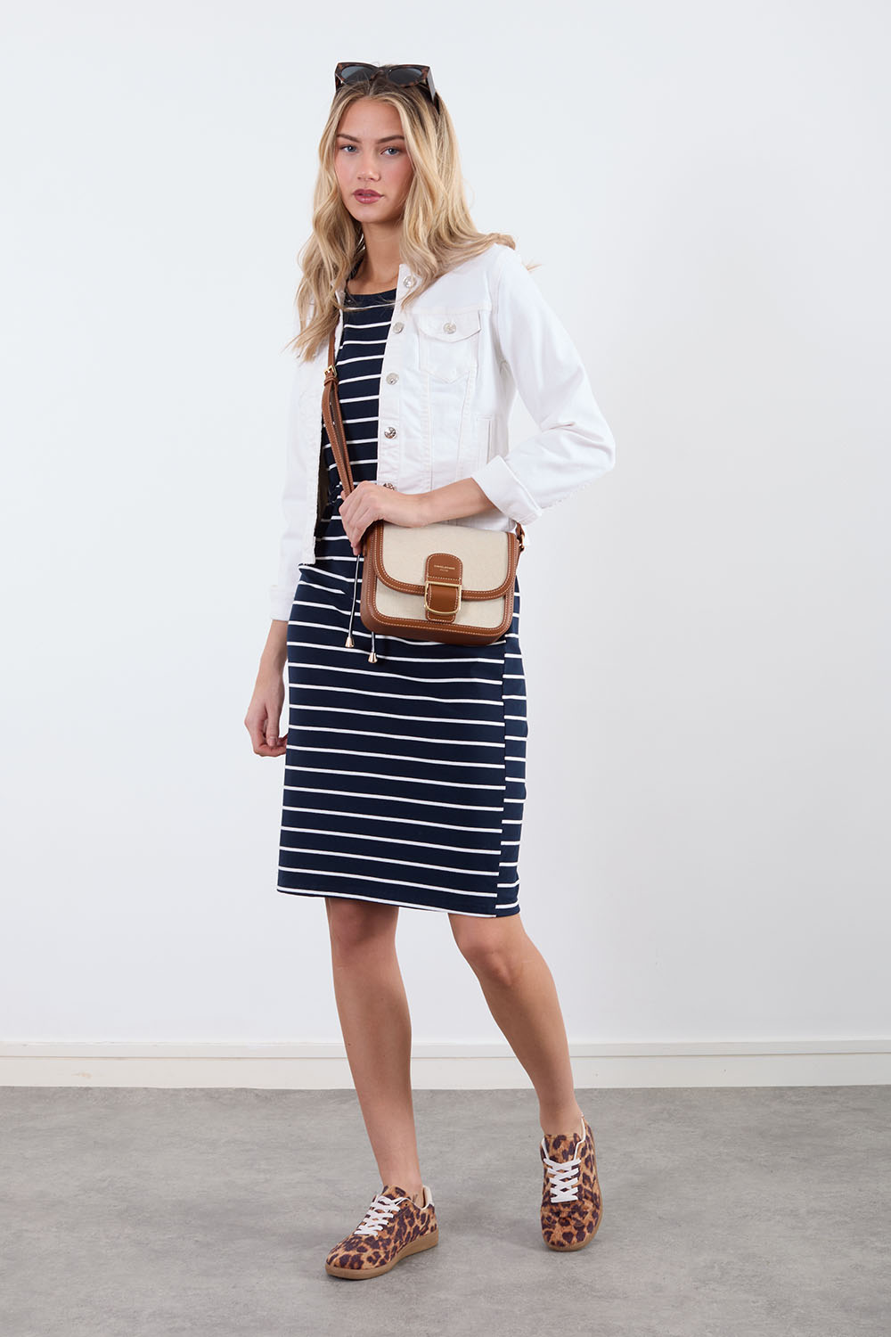 Leah Stripe Jersey Dress in Navy