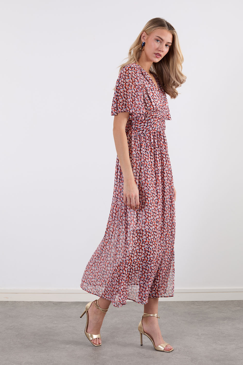 Mia Printed Shirred Maxi Dress in Orange