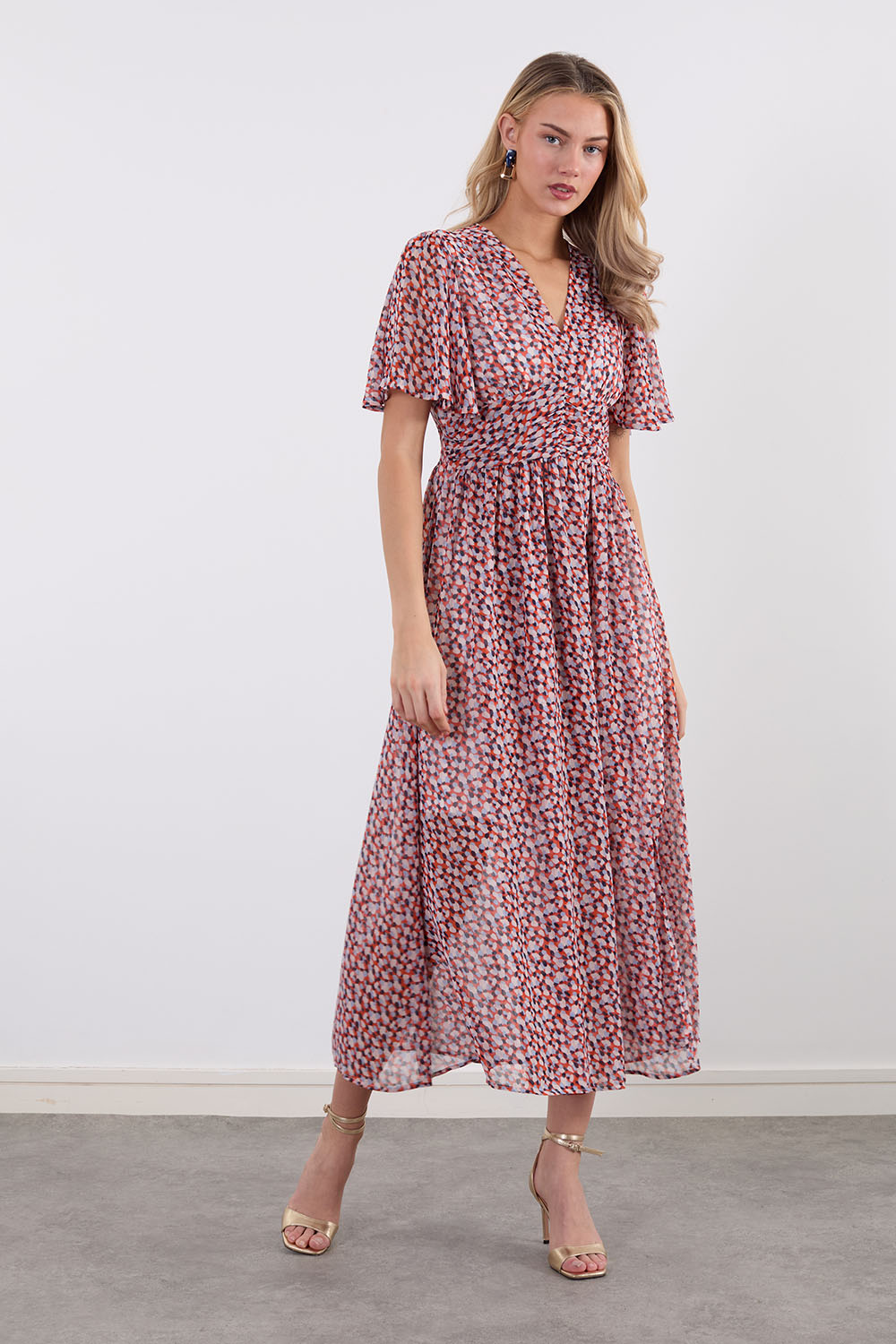 Mia Printed Shirred Maxi Dress in Orange