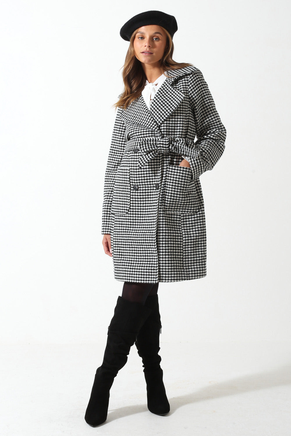 Joannes Checked Coat with Belt in Black and White