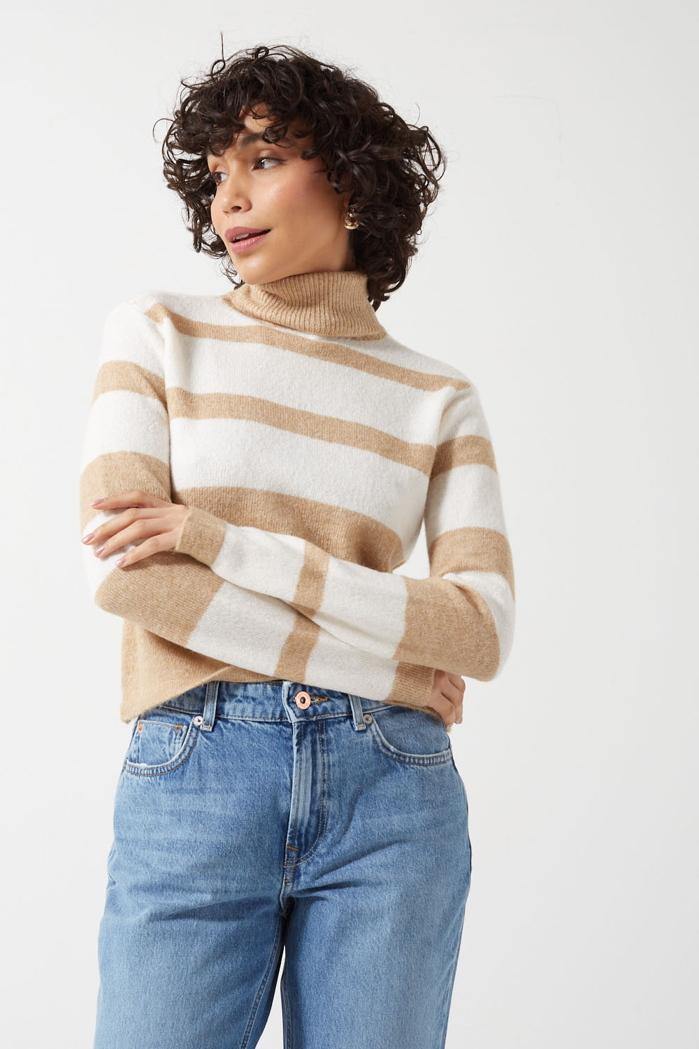 Sesilje LS Roll Neck Short Knit Striped Jumper in Birch