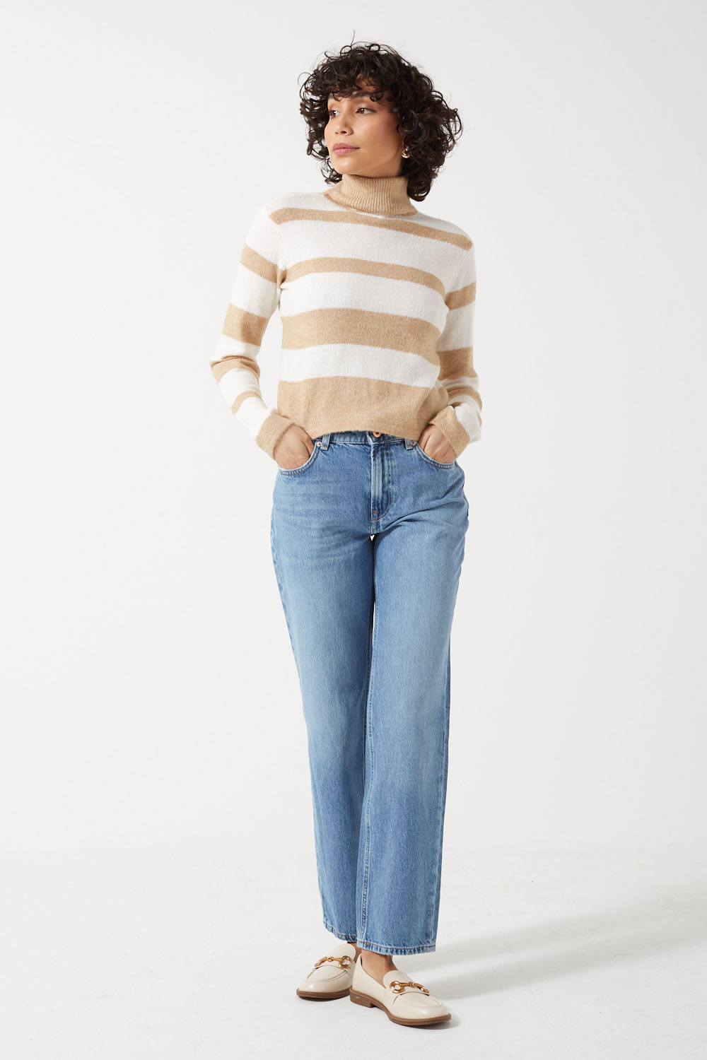 Sesilje LS Roll Neck Short Knit Striped Jumper in Birch