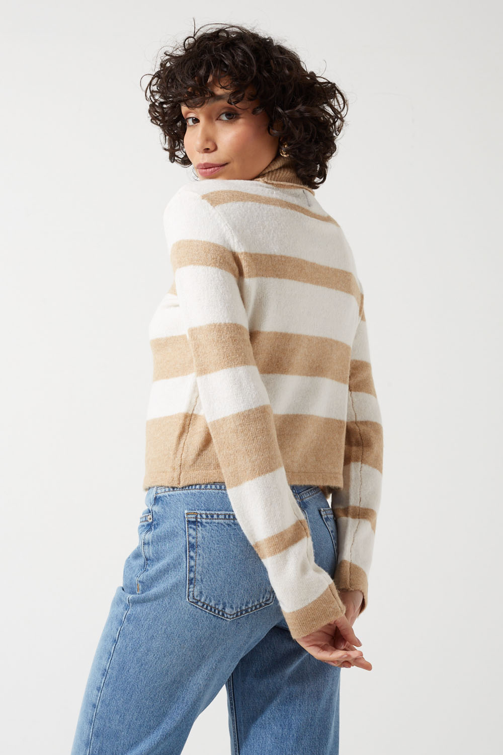Sesilje LS Roll Neck Short Knit Striped Jumper in Birch
