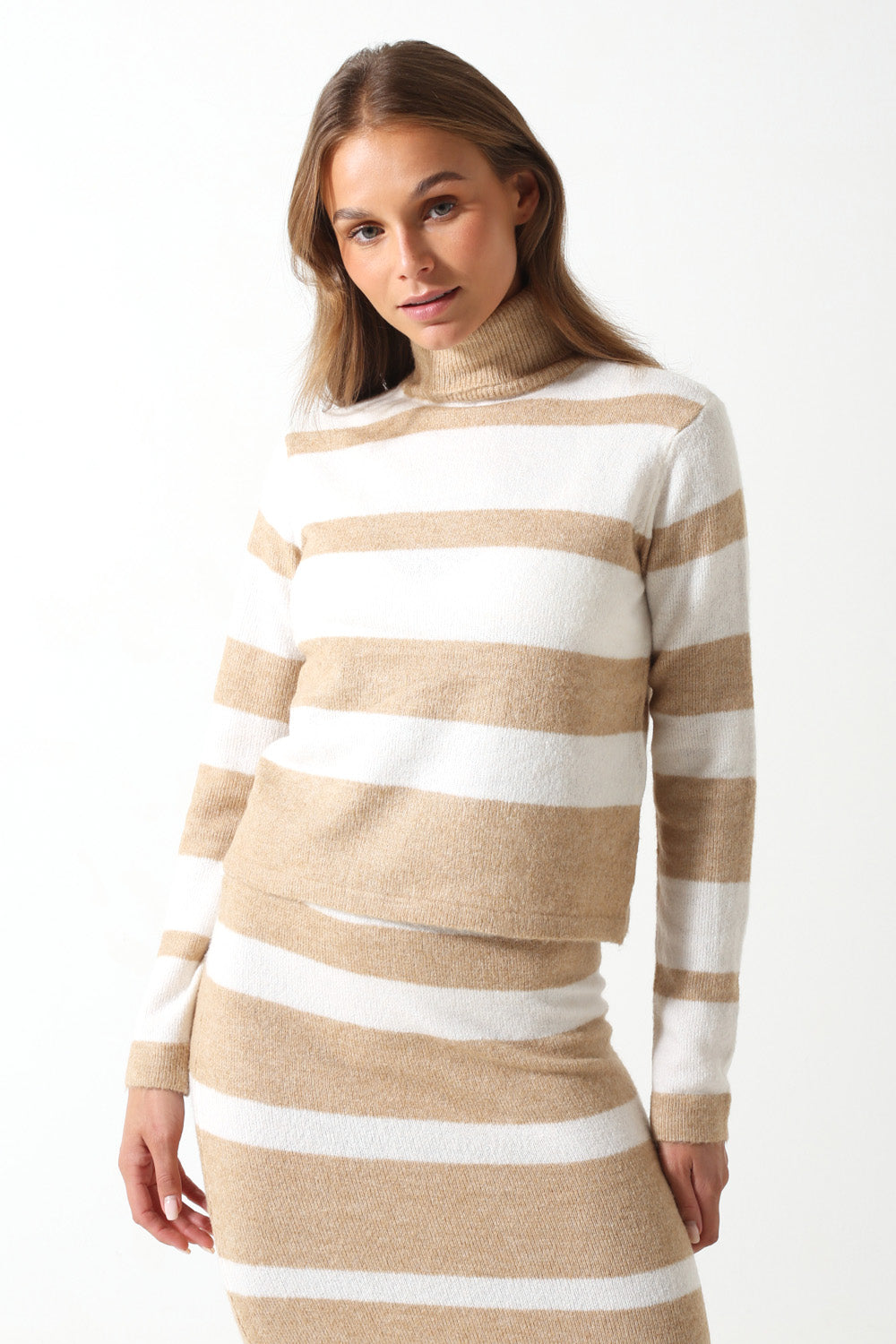 Sesilje LS Roll Neck Short Knit Striped Jumper in Birch