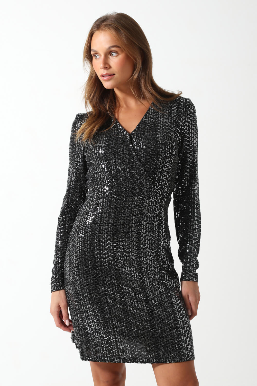 Siddy LS Wrap Silver Sequin Dress in Black