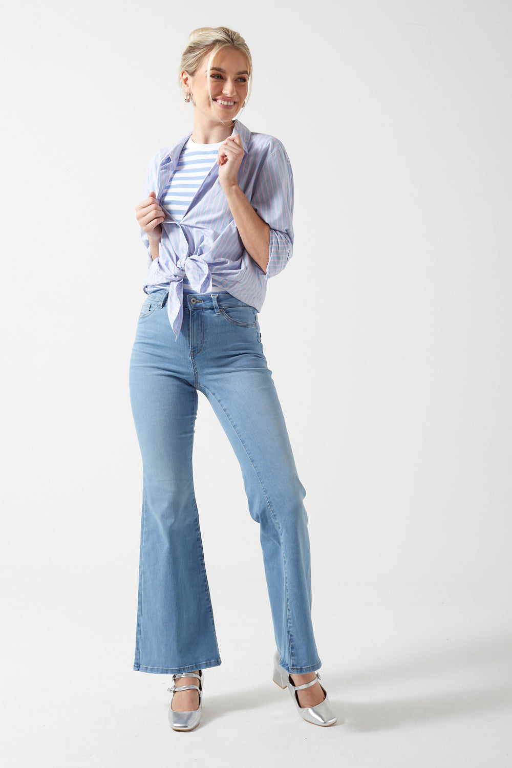 Rose HW Retro Flared Denim in Light Blue