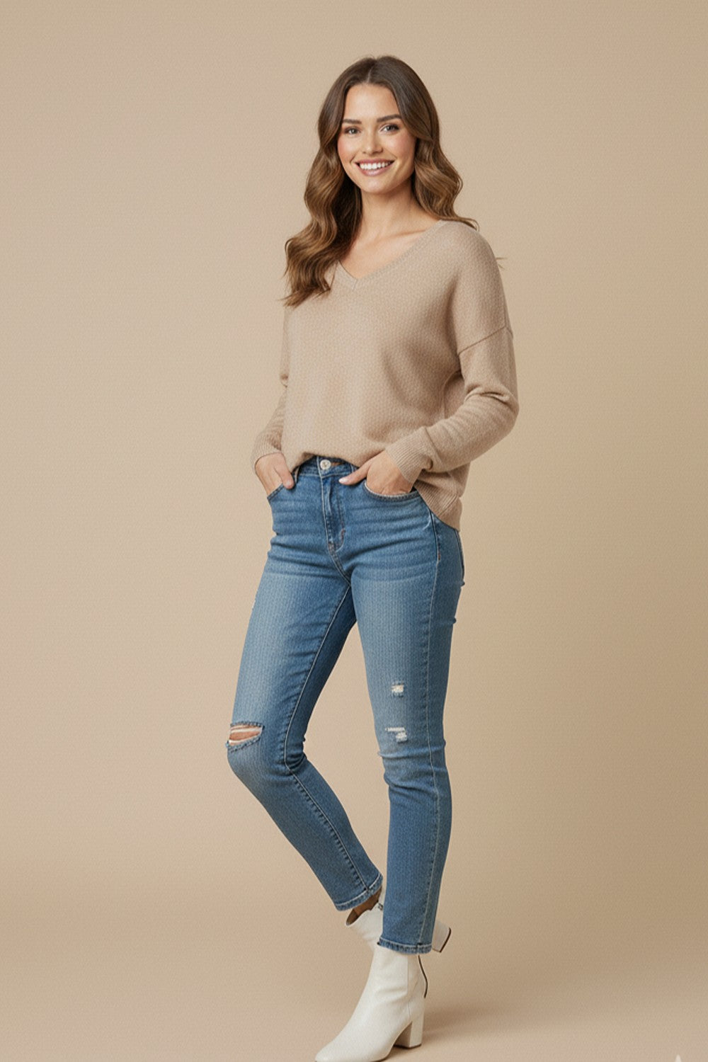 Tia V Neck Top in Beige