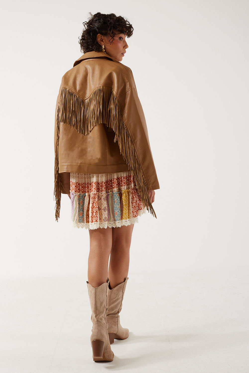Florence Fringed Faux Leather Jacket in Camel