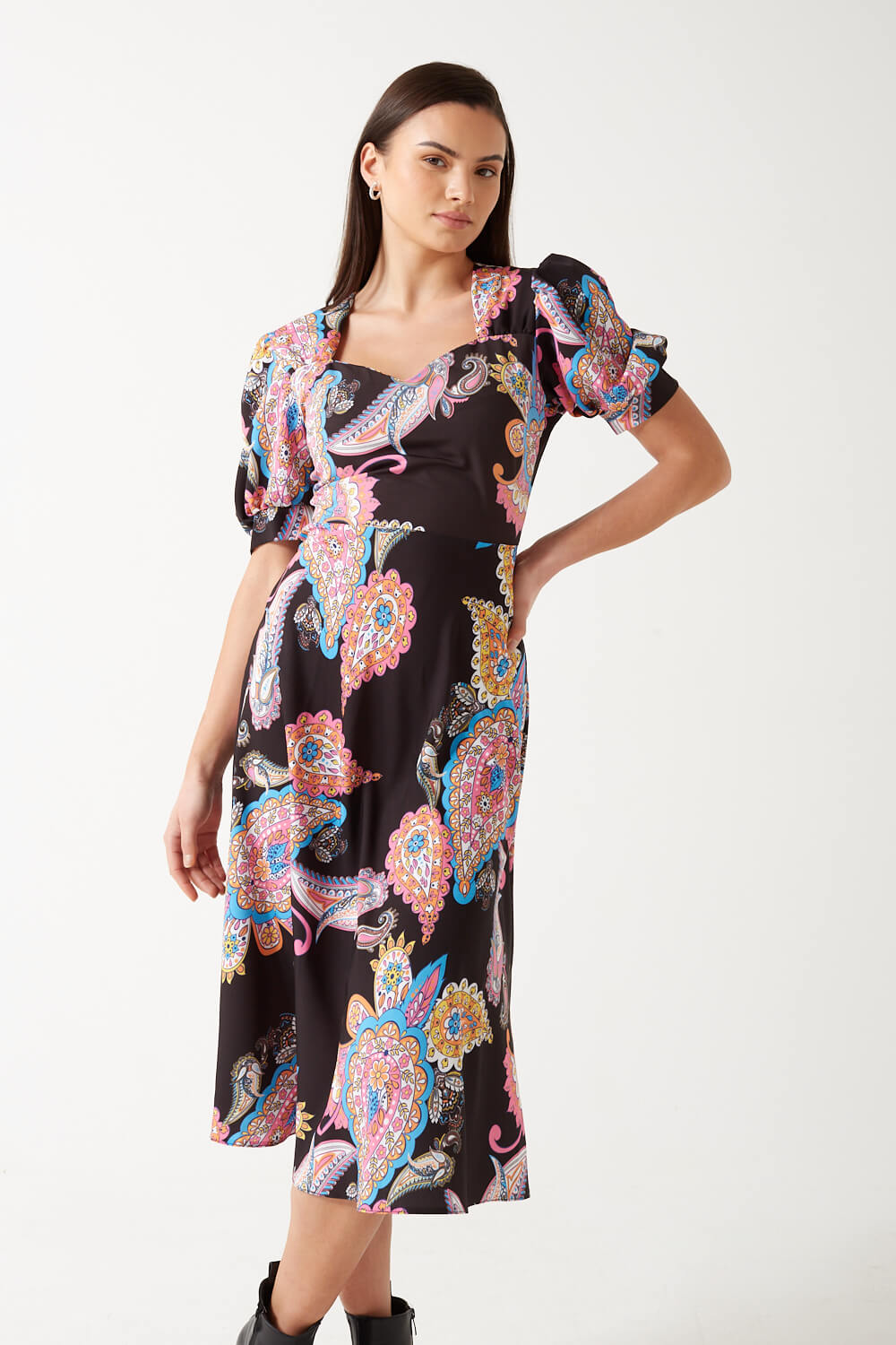 Georgina Floral Print Midi Dress in Black