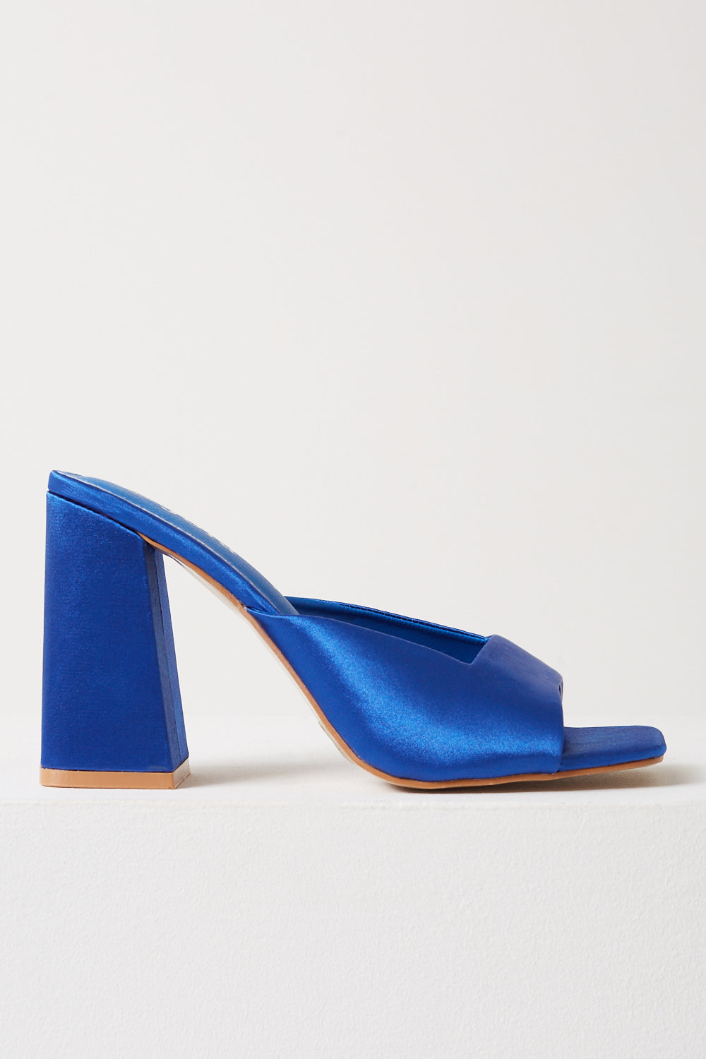 Tanya Square Toe Satin Mule Heel in Blue