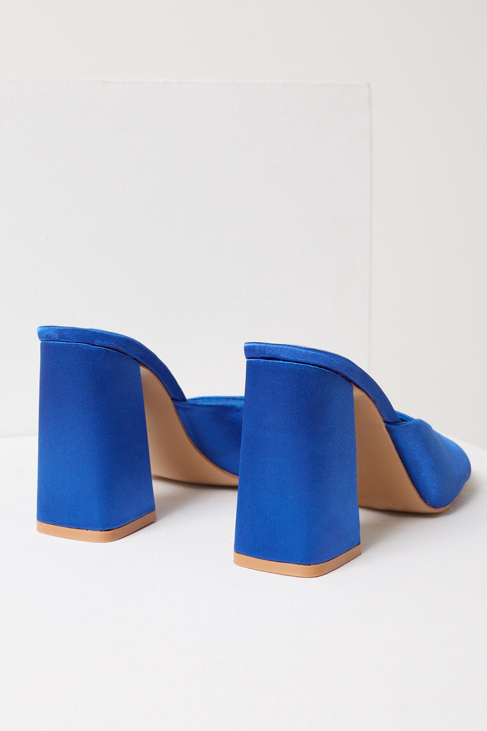 Tanya Square Toe Satin Mule Heel in Blue