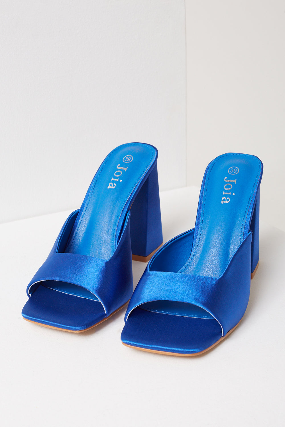 Tanya Square Toe Satin Mule Heel in Blue