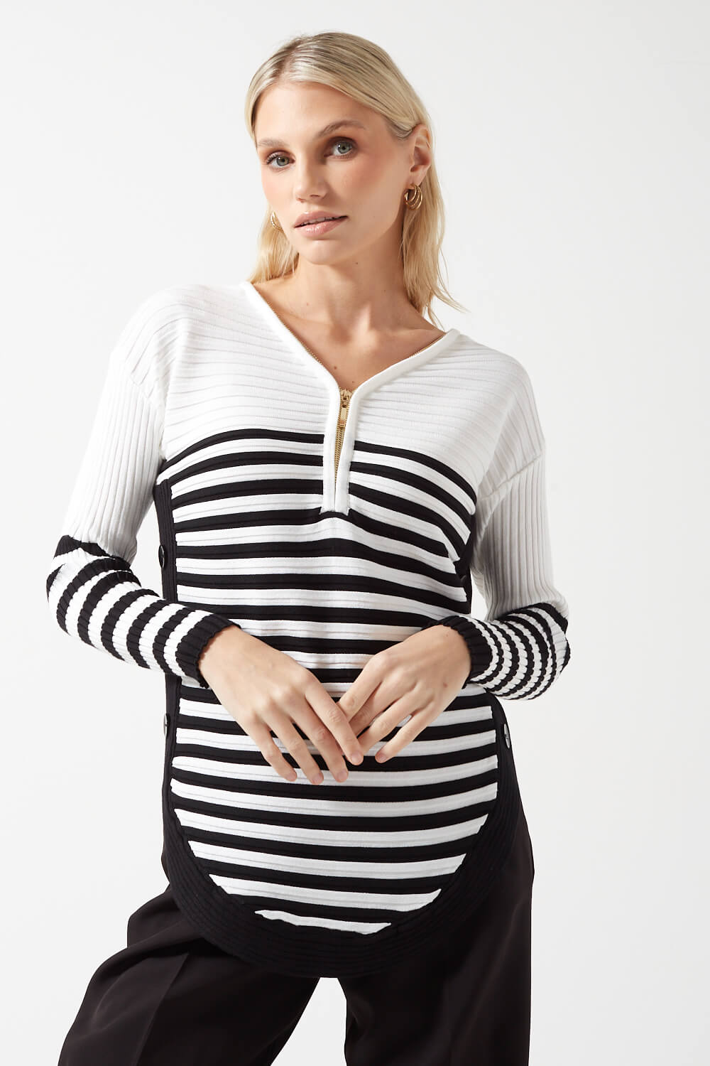 Monica Striped Side Button Zip-Front Knit Pullover in White