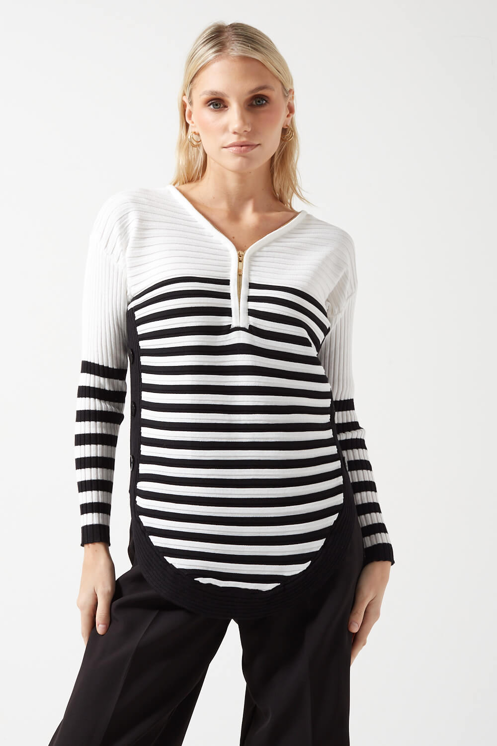 Monica Striped Side Button Zip-Front Knit Pullover in White