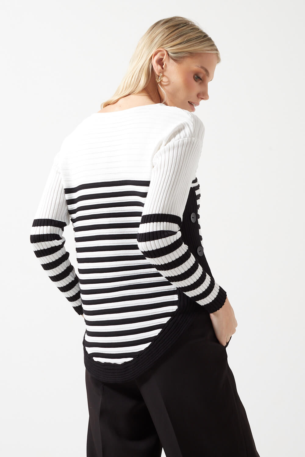 Monica Striped Side Button Zip-Front Knit Pullover in White