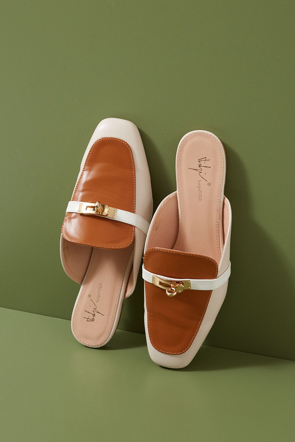 Sonia Gold Buckle Contrast Mule Loafers in White