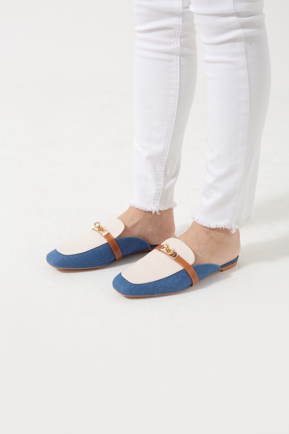 Sonia Gold Buckle Bicolor Mule Loafers in Blue Jeans