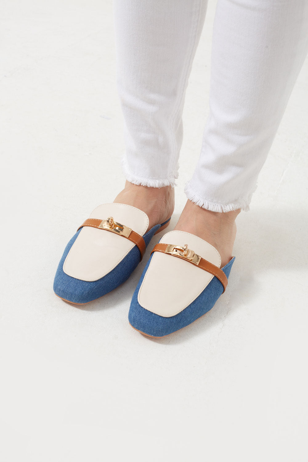Sonia Gold Buckle Bicolor Mule Loafers in Blue Jeans