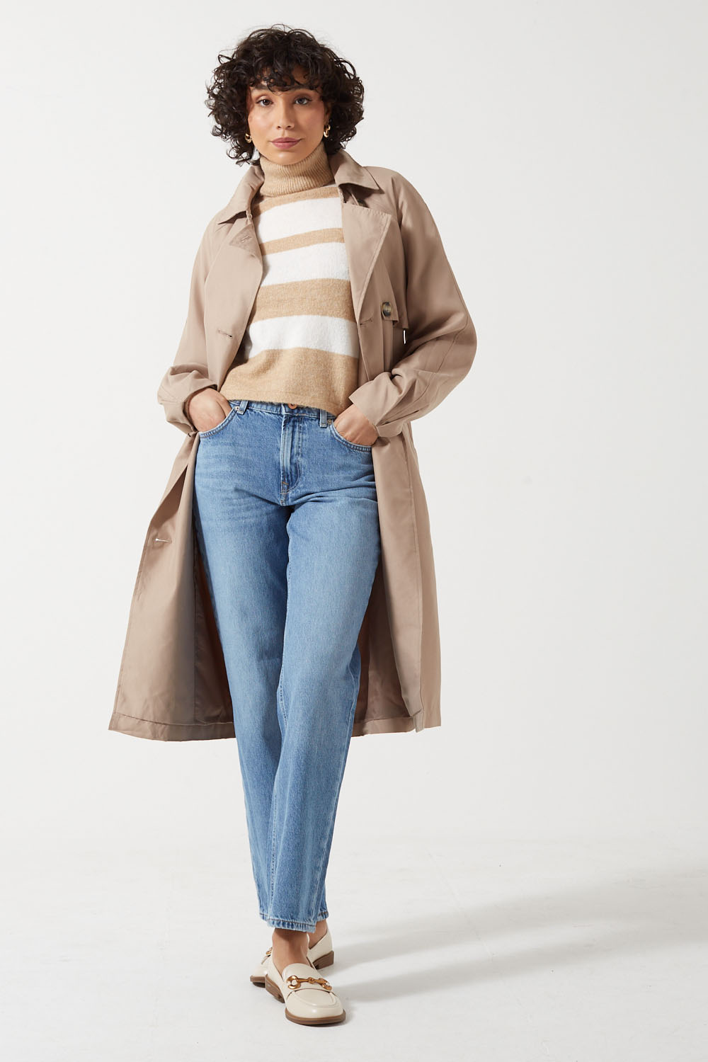 Sesilje LS Roll Neck Short Knit Striped Jumper in Birch