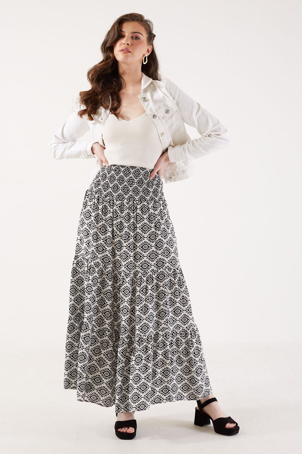 Amelia Geometric Printed High Waist Tiered Maxi Skirt in Black and White