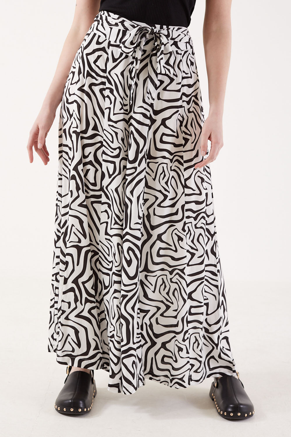 Nancy Zebra Print Wide Leg Tie Waist Trousers in Black and White