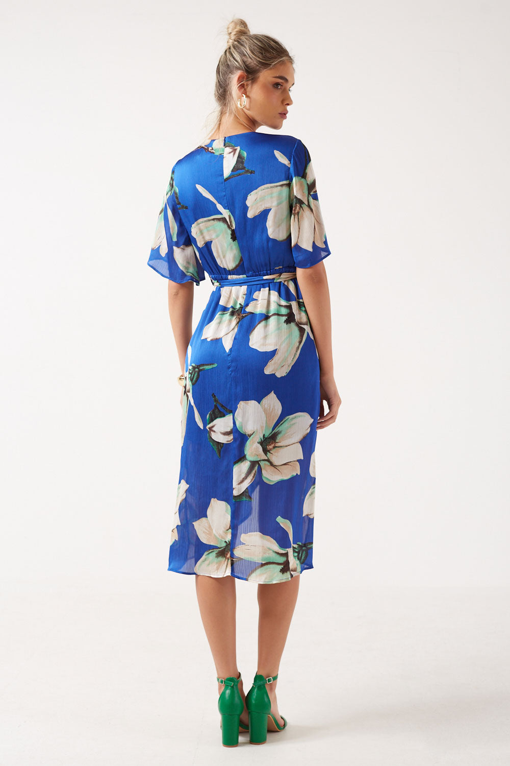 Wendy Floral Wrap High-Low Midi Dress in Blue