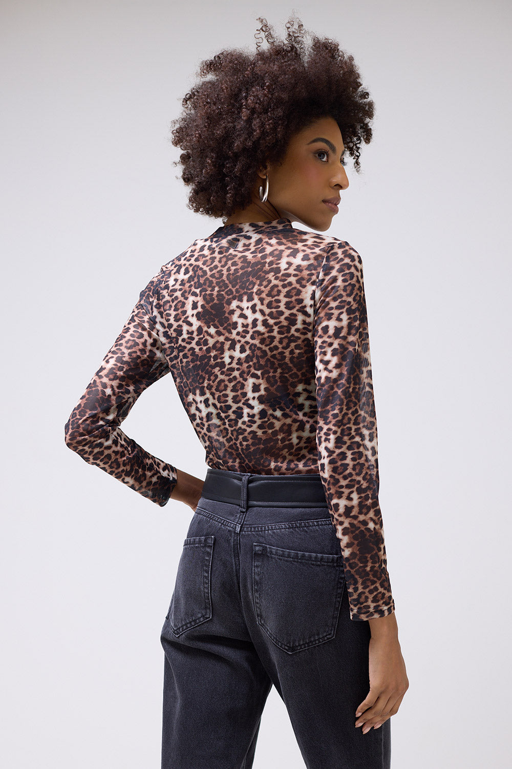 Jass Leopard Print Sheer Mesh Long Sleeve Top in Beige