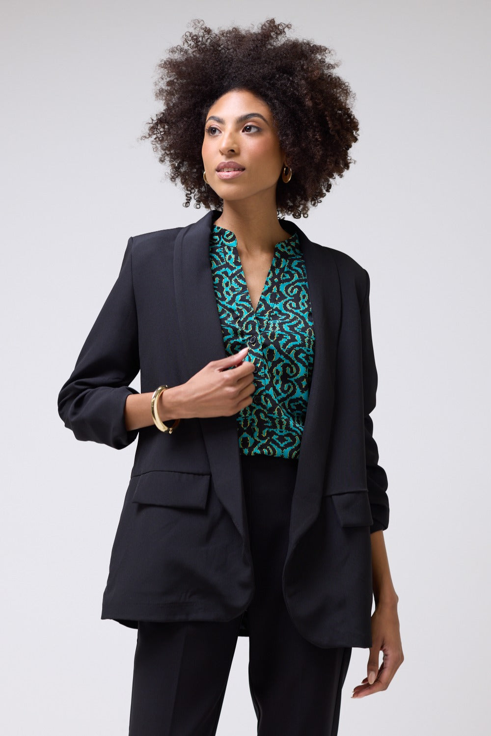 Chantel Ruched Sleeve Blazer in Black