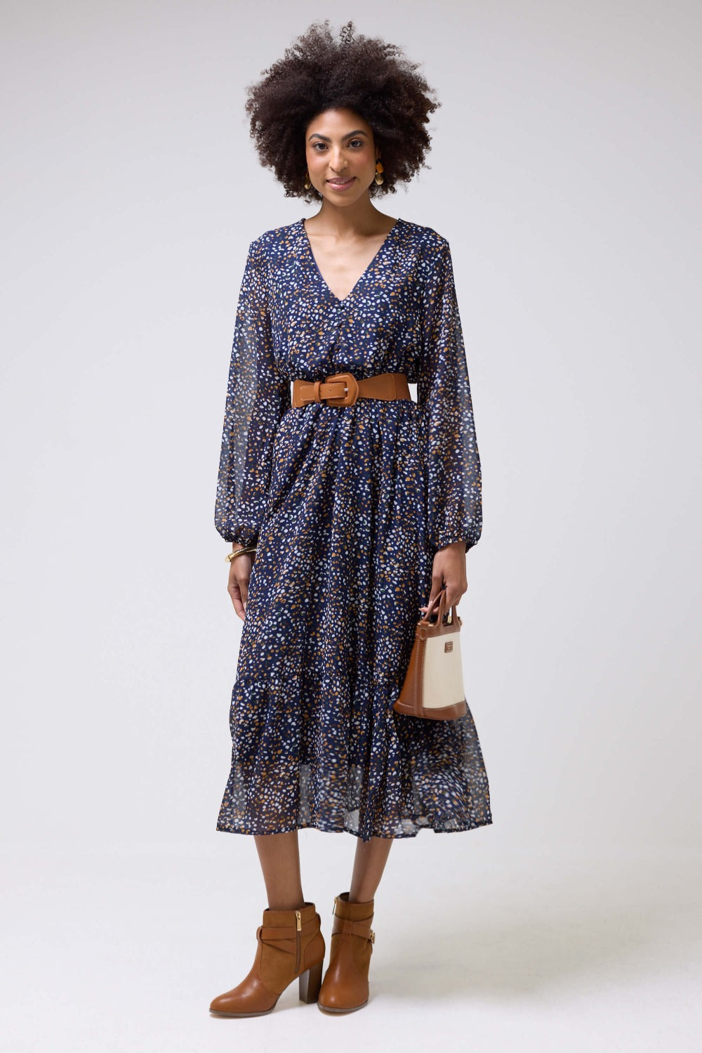 Brittany Polka Dot Print  V-Neck LS Midi Dress in Dark Blue