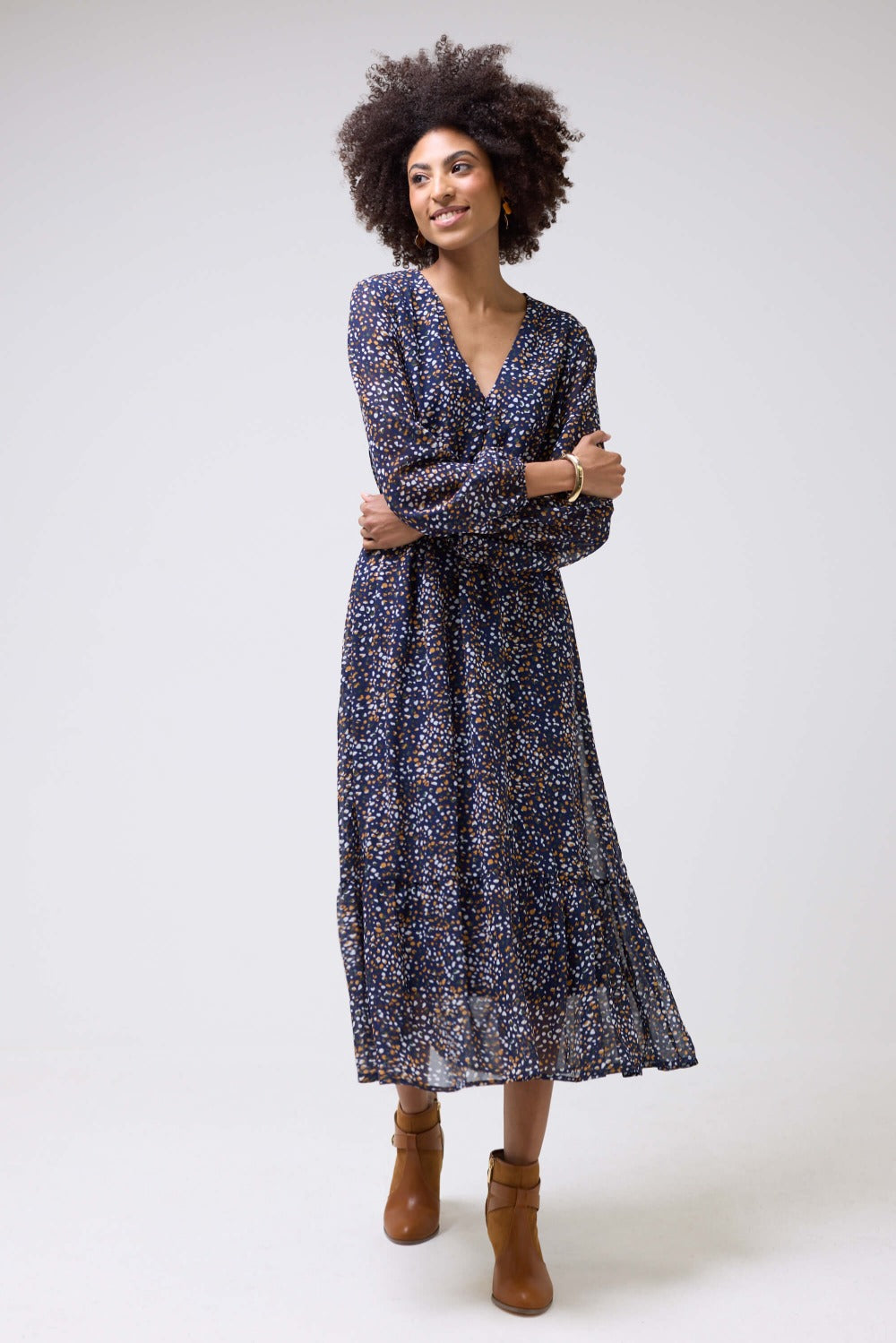 Brittany Polka Dot Print  V-Neck LS Midi Dress in Dark Blue