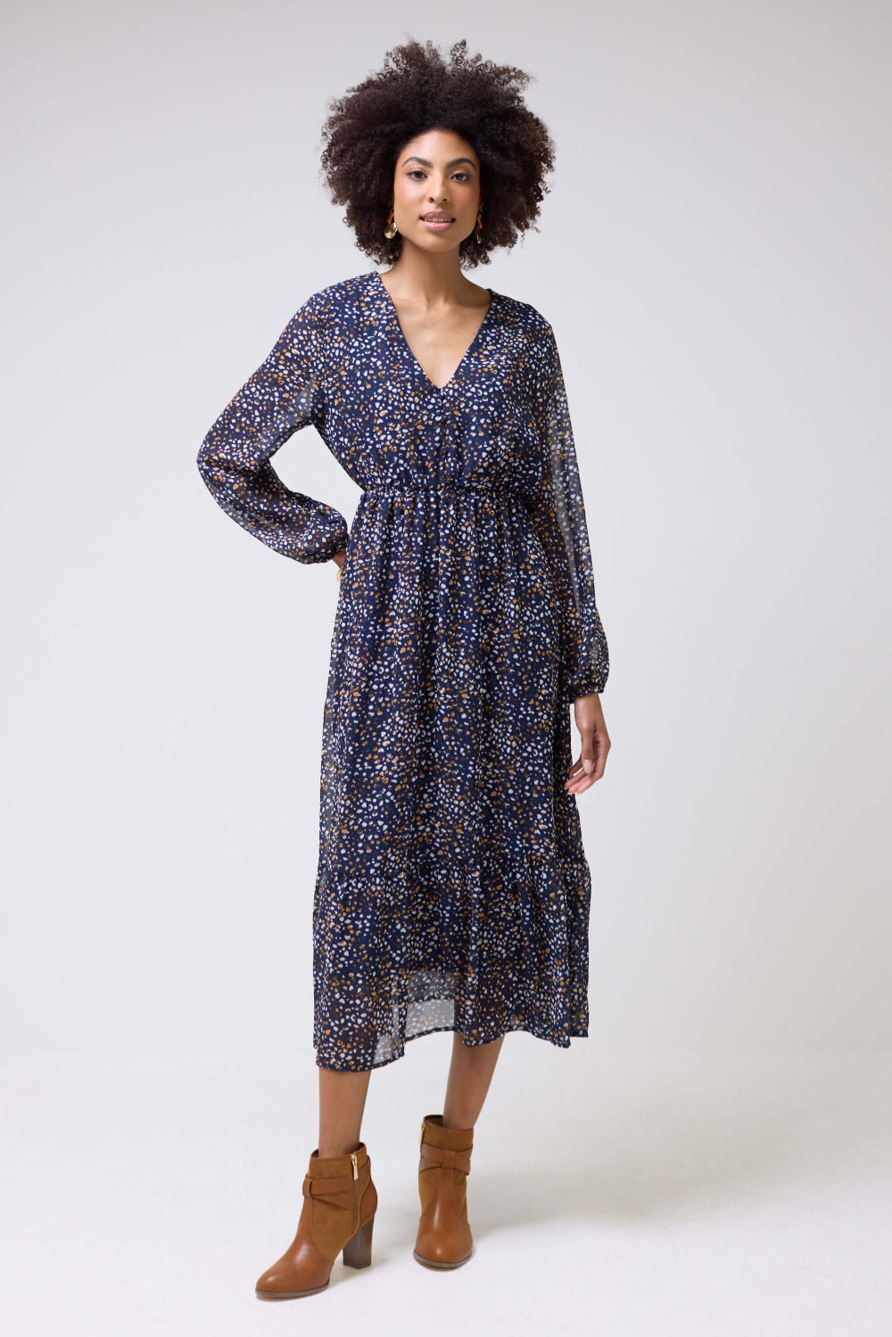 Brittany Polka Dot Print  V-Neck LS Midi Dress in Dark Blue