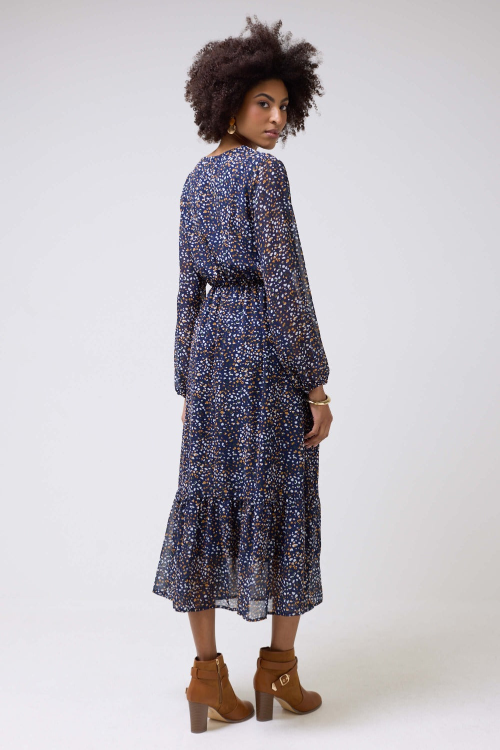 Brittany Polka Dot Print  V-Neck LS Midi Dress in Dark Blue