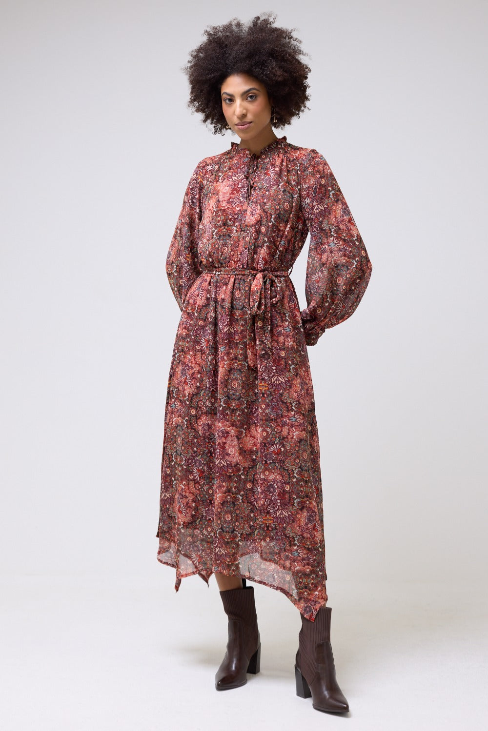 Phoebe Floral Print Long Sleeve Maxi Dress in Rust Orange