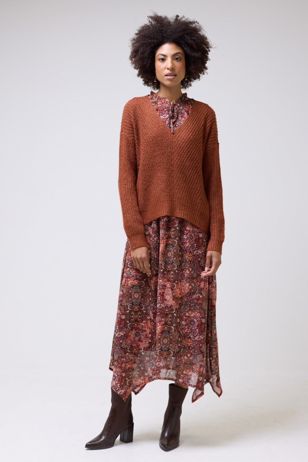 Phoebe Floral Print Long Sleeve Maxi Dress in Rust Orange