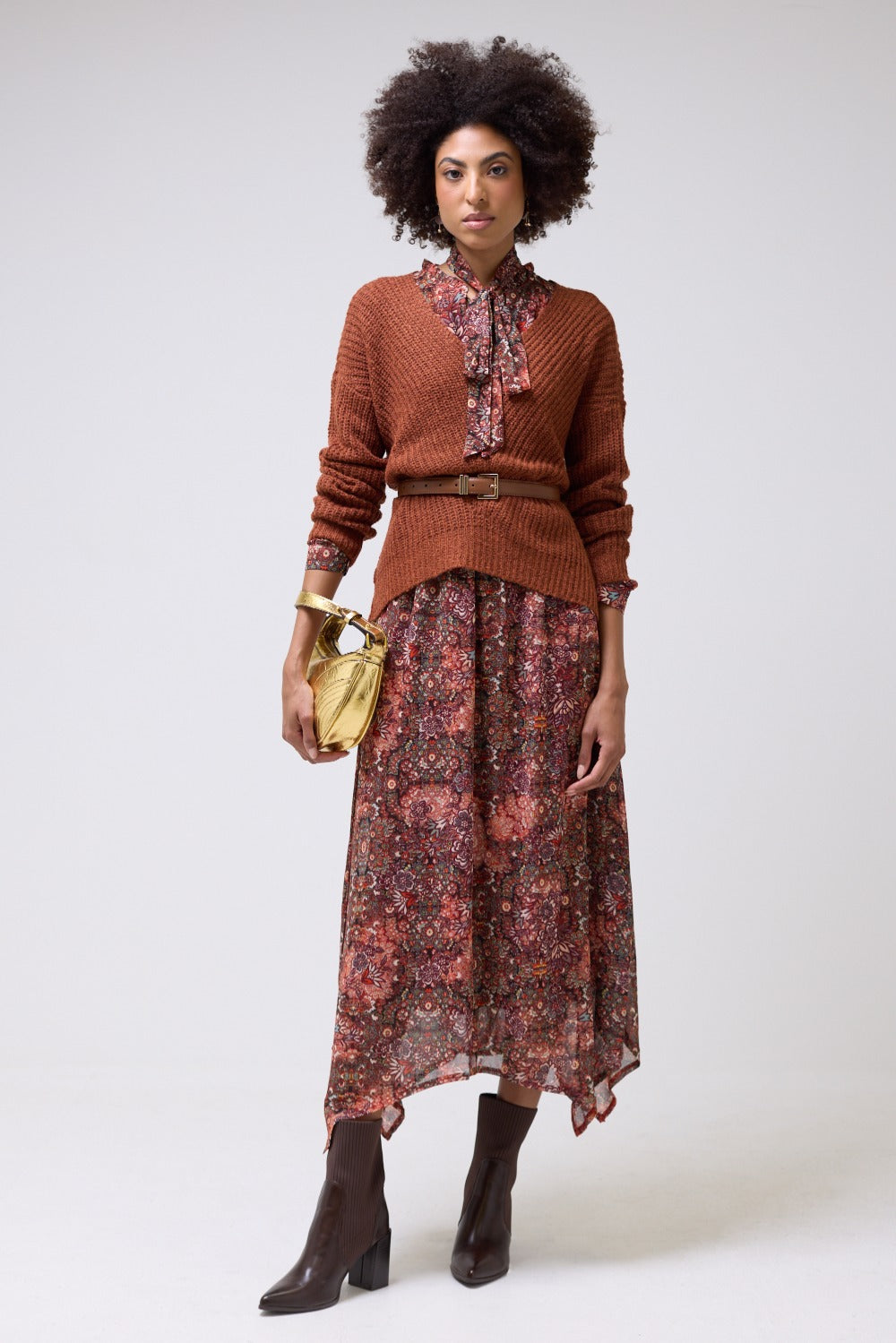 Phoebe Floral Print Long Sleeve Maxi Dress in Rust Orange