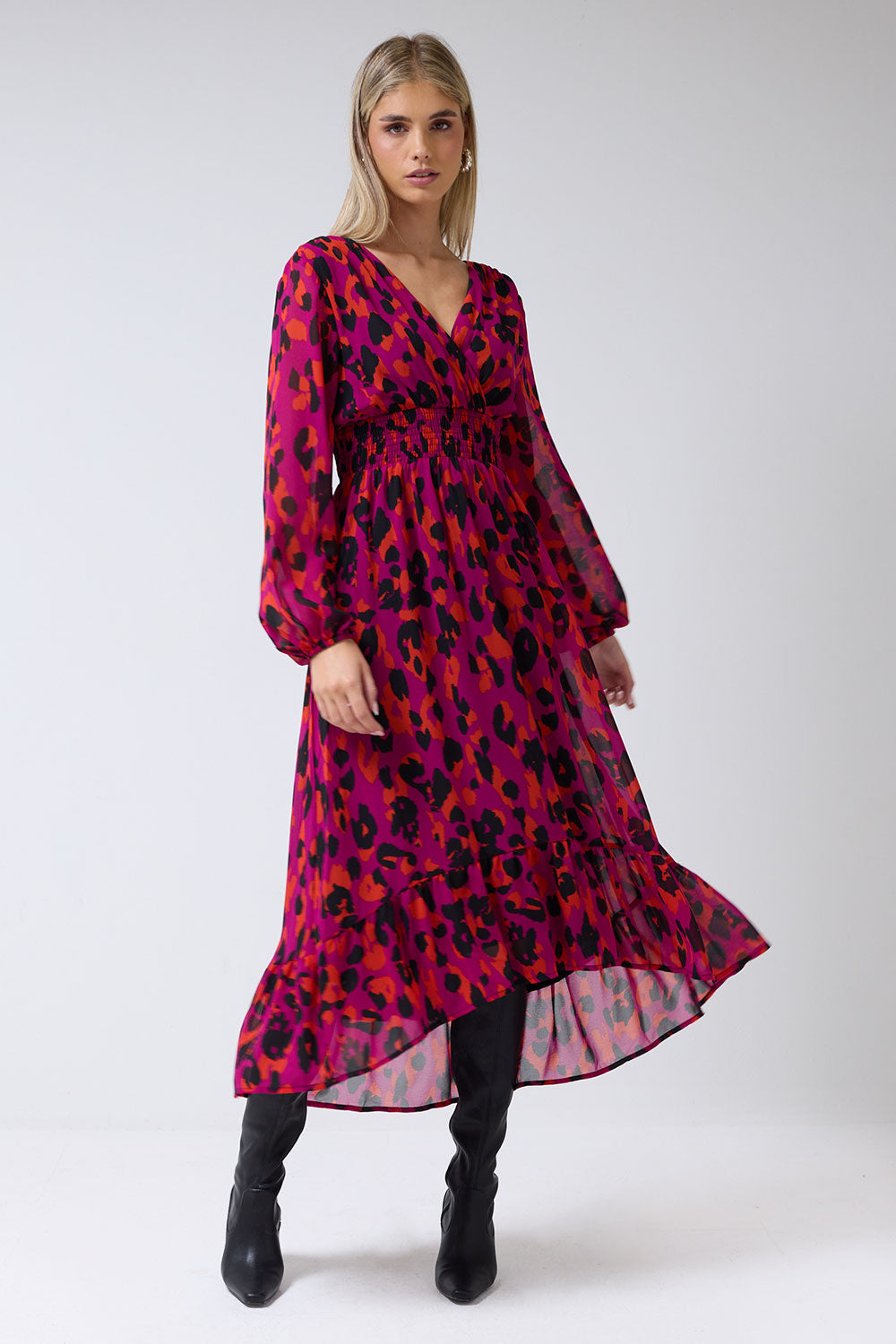 Marcela Animal Print V-Neck High-Low Midi Dress in Purple