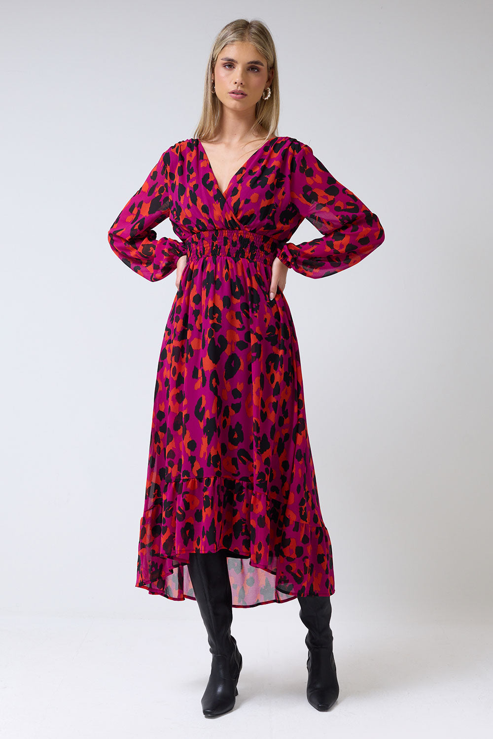 Marcela Animal Print V-Neck High-Low Midi Dress in Purple