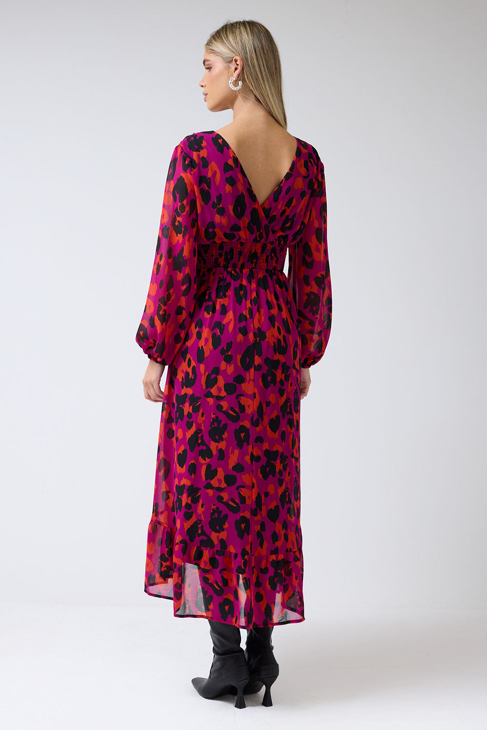 Marcela Animal Print V-Neck High-Low Midi Dress in Purple