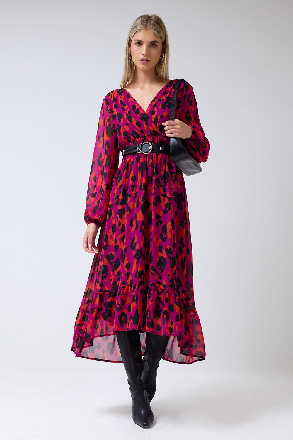 Marcela Animal Print V-Neck High-Low Midi Dress in Purple