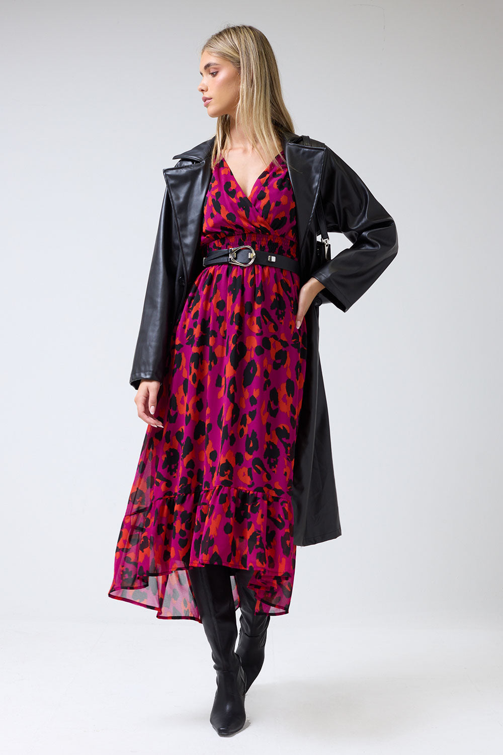 Marcela Animal Print V-Neck High-Low Midi Dress in Purple