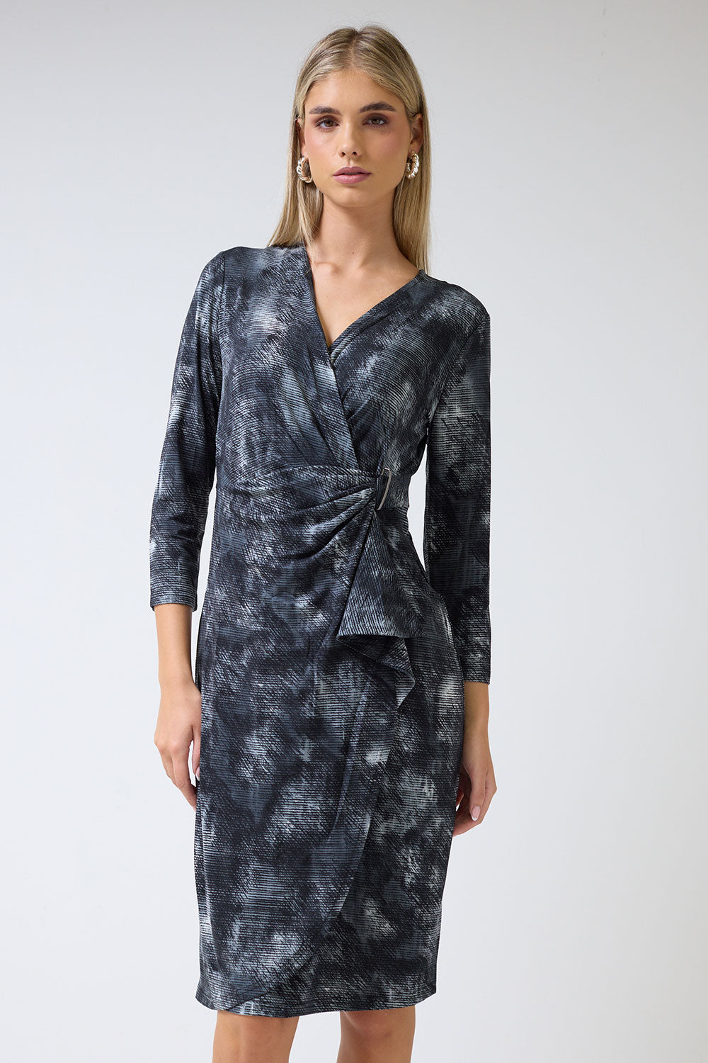 Jane V-Neck Printed Belt Detail Midi Dress in Black